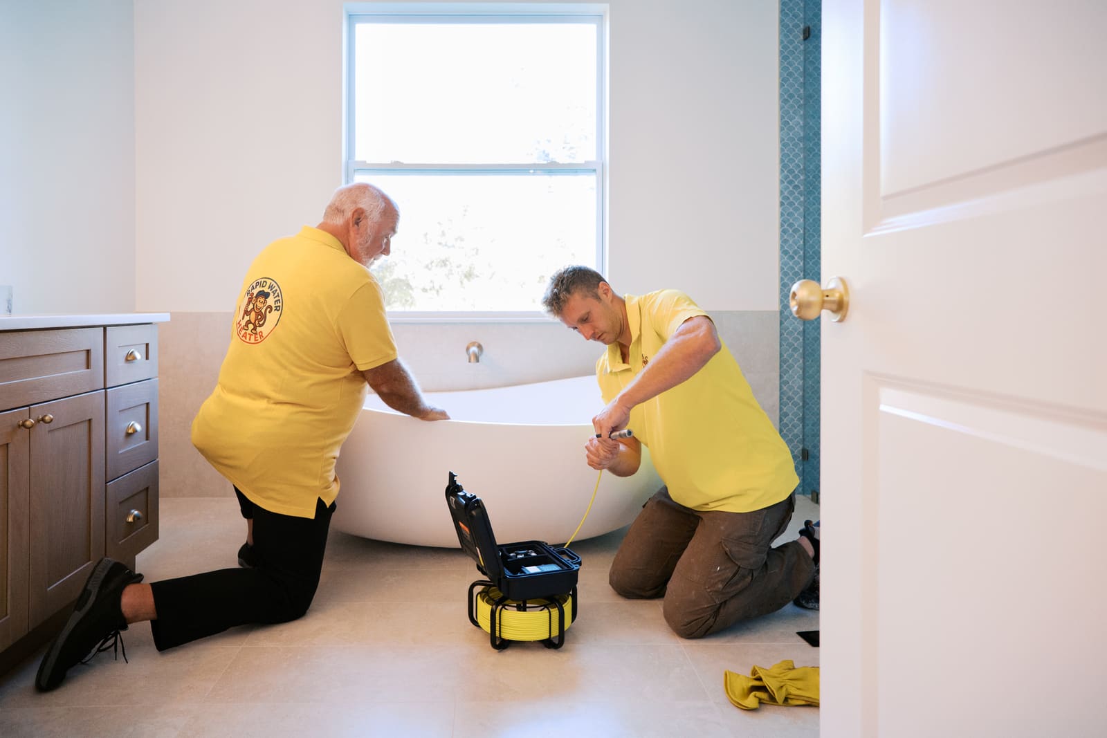Josh and Pat inspecting a drain with a camera next to a bathtub