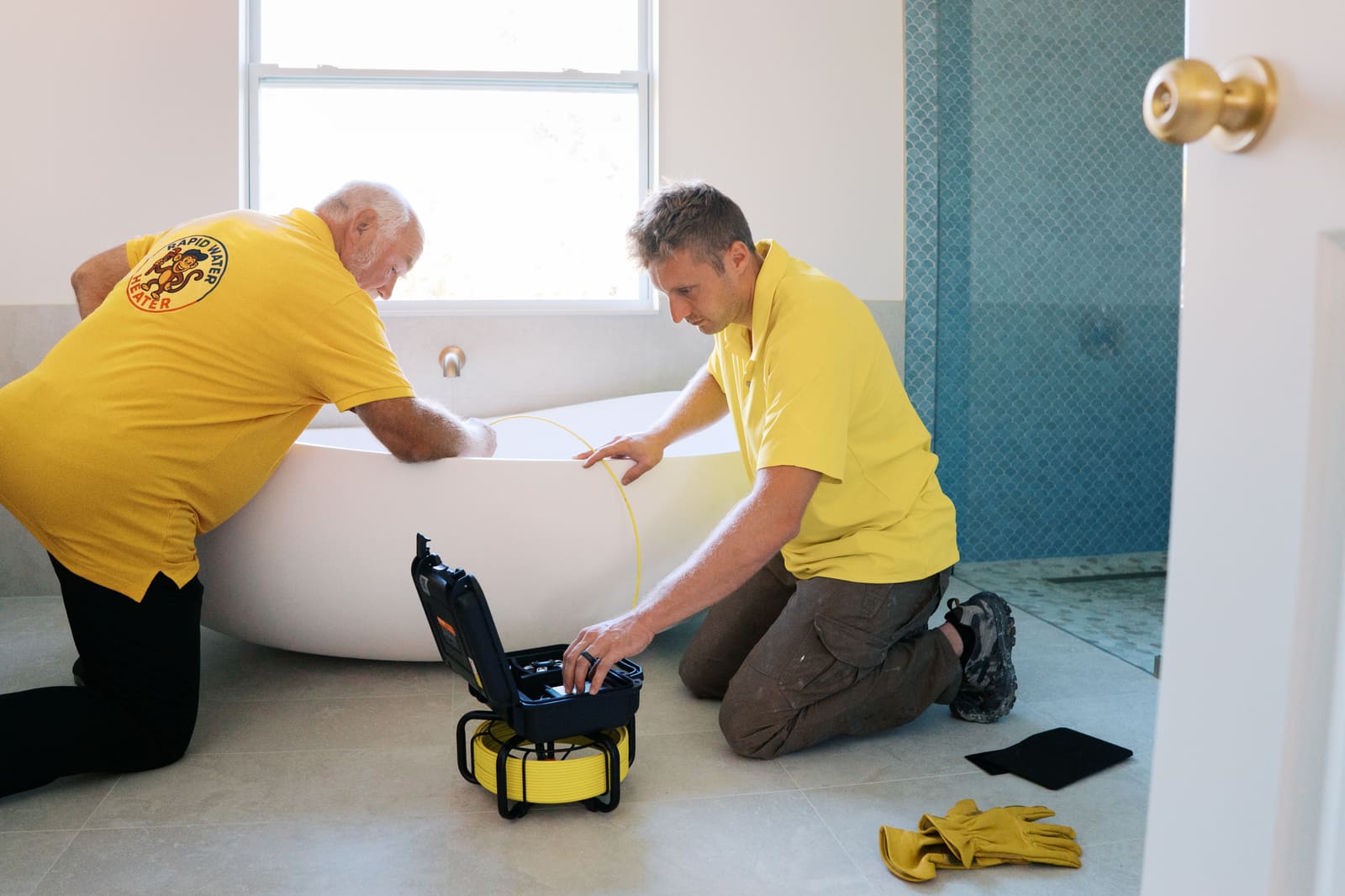 Josh and Pat inspecting a drain with a camera next to a bathtub