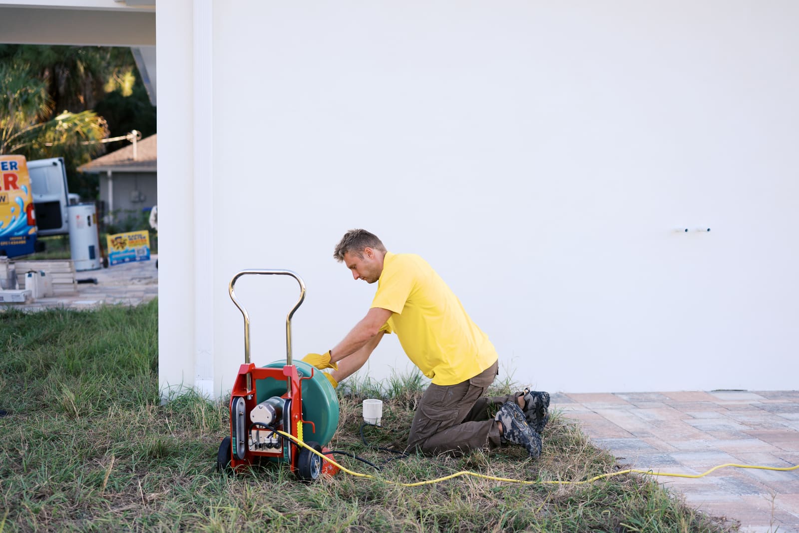 Josh clearing an outdoor drain line with a drain cleaning machine